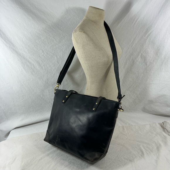 Genuine vintage large black leather tote bag carryall work school laptop carrier - Picture 16 of 16